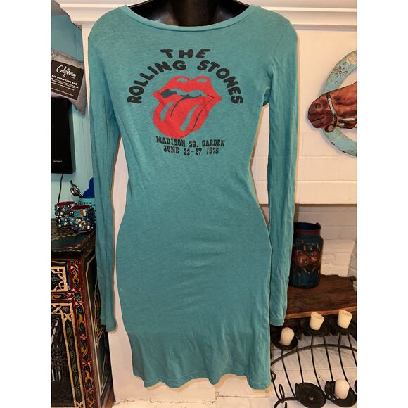 VINTAGE 90's ROLLING STONES TURQUOISE BAND TEE BODYCON DRESS - Picture 3 of 8